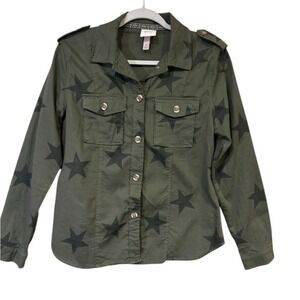 Knox Rose Star Print Utility Shirt Jacket Army Green Button Front Medium Boho